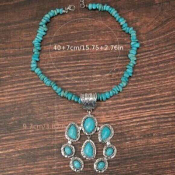 Squash Blossom European And American Ethnic Blue Turquoise Necklace - Picture 2 of 3